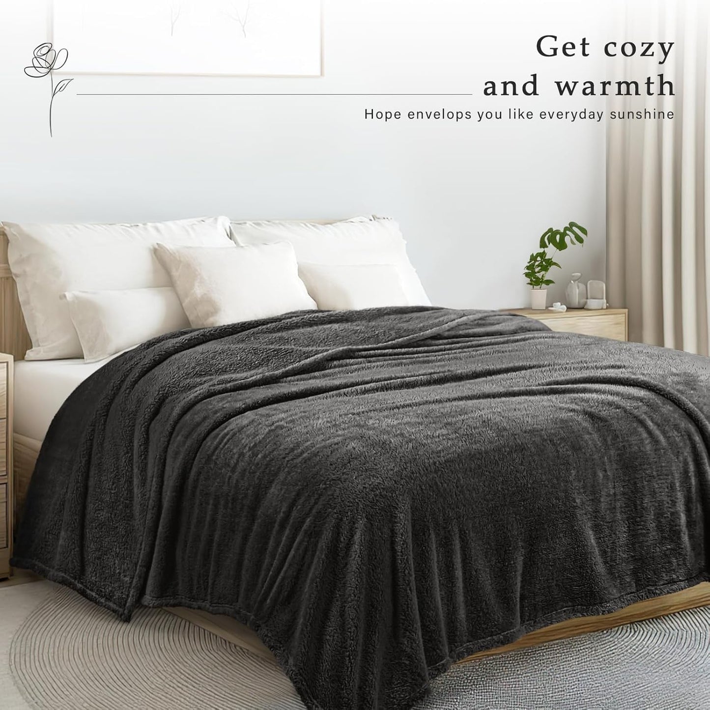 Exclusivo Mezcla Queen Size Flannel Fleece Blanket, Super Soft Velvet Plush Bed Blanket, Fuzzy Cozy and Warm for All Seasons, 90x90 Inches, Dark Grey