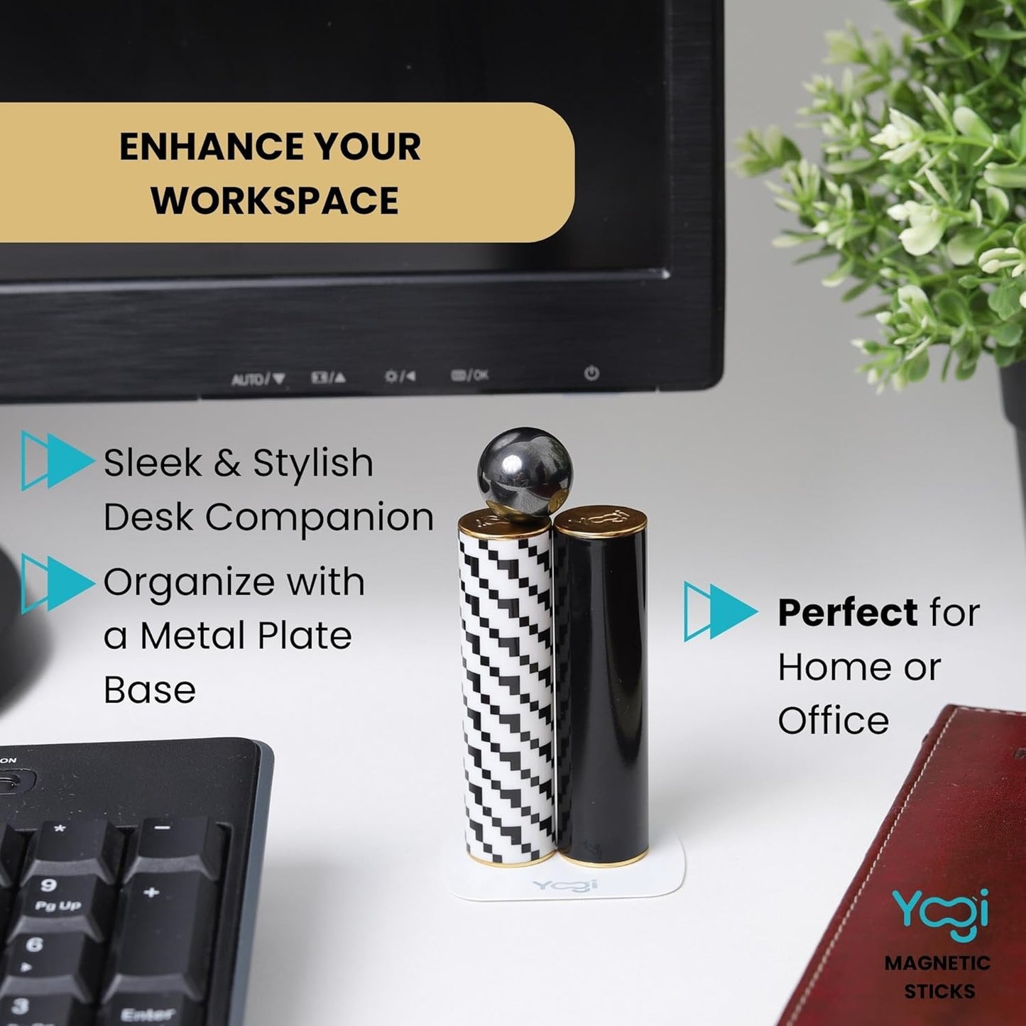 Yogi Magnetic Sticks - Premium Fidget Toys for Adults - Extremely Fun & Engaging, Uniquely designed Magnetic Fidget Toy with Magnet Sticks and Ball, Ideal Desk Toy for Focus & Relaxation (Black&White)