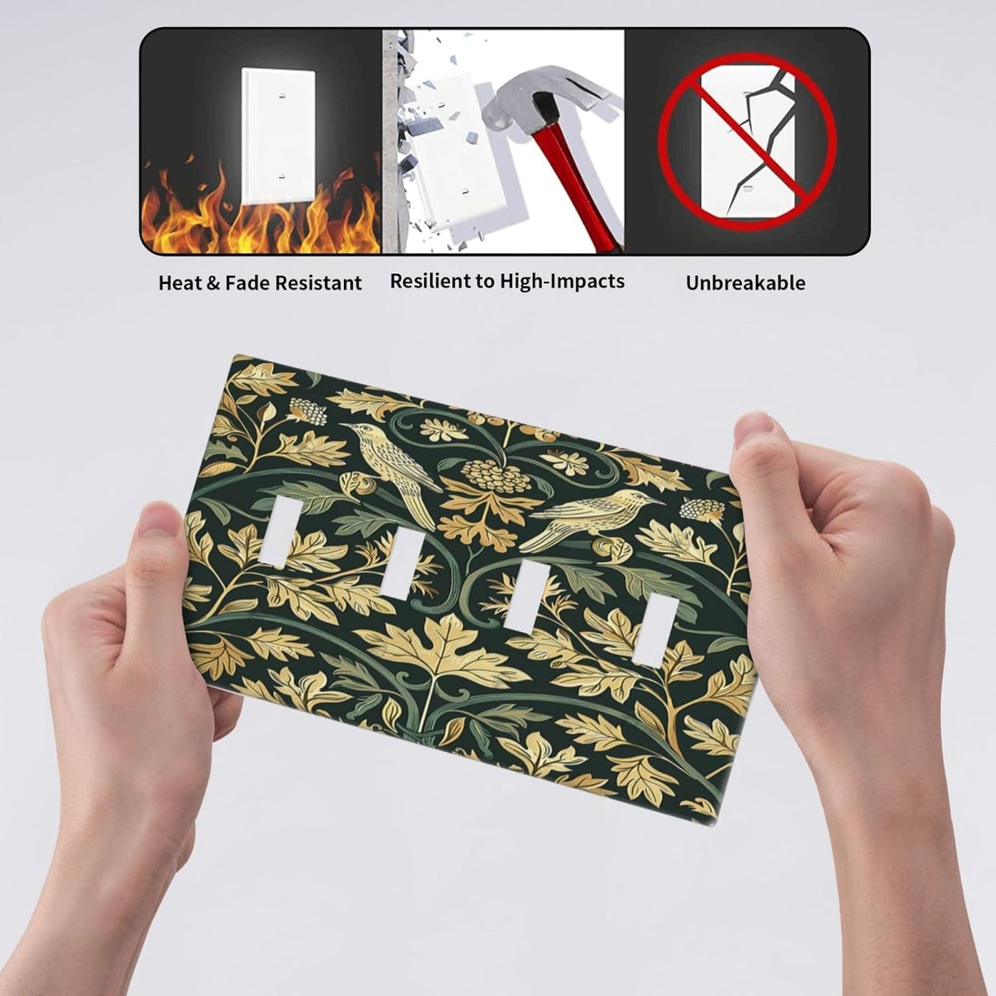 Light Switch Covers William Morris Vintage Botanical Birds Golden Green Leaves Quad Toggle Electrical Faceplate 4 Gang Wall Plate Decorative Switch Plates for Bedroom Home Decor