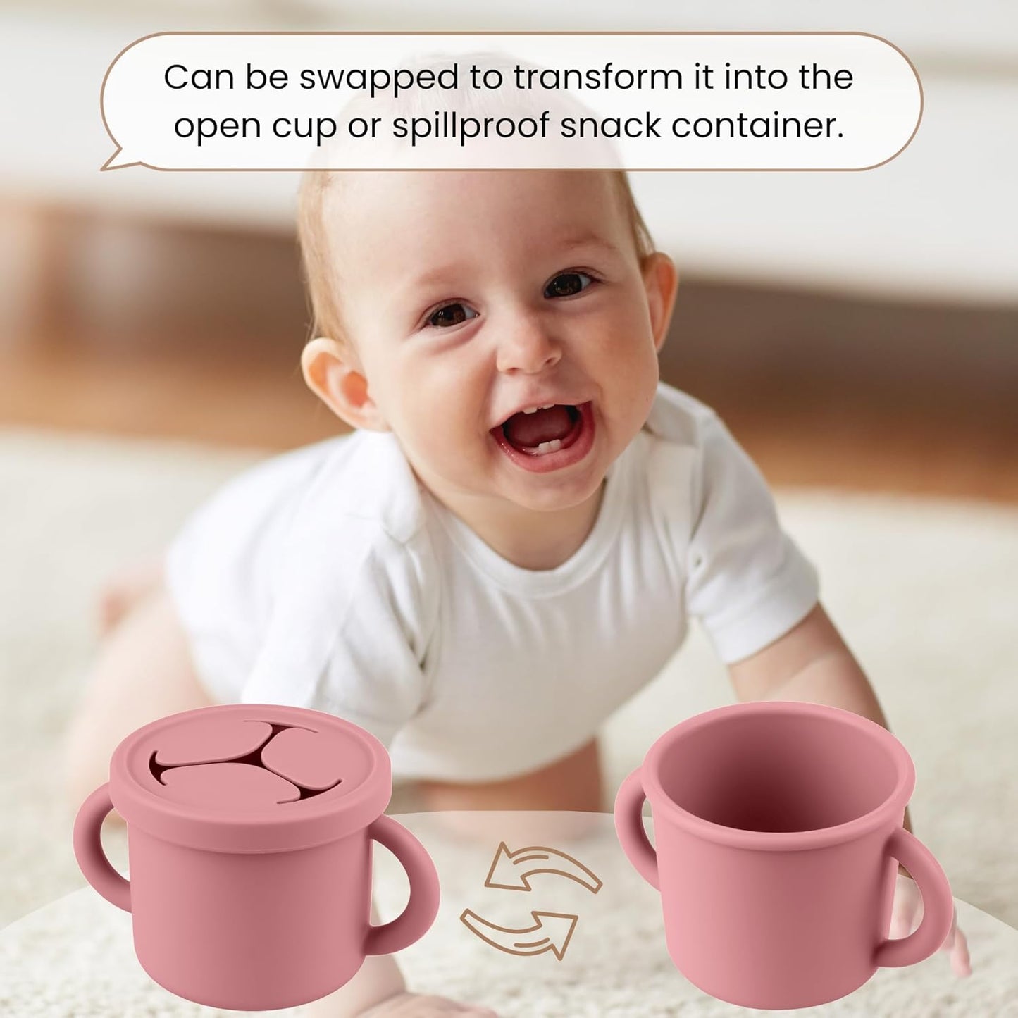 Snack Containers for Toddlers, Kids - 2 Pack Food Grade Silicone Snack Cups with Grip Handle (Blush/Mauve)