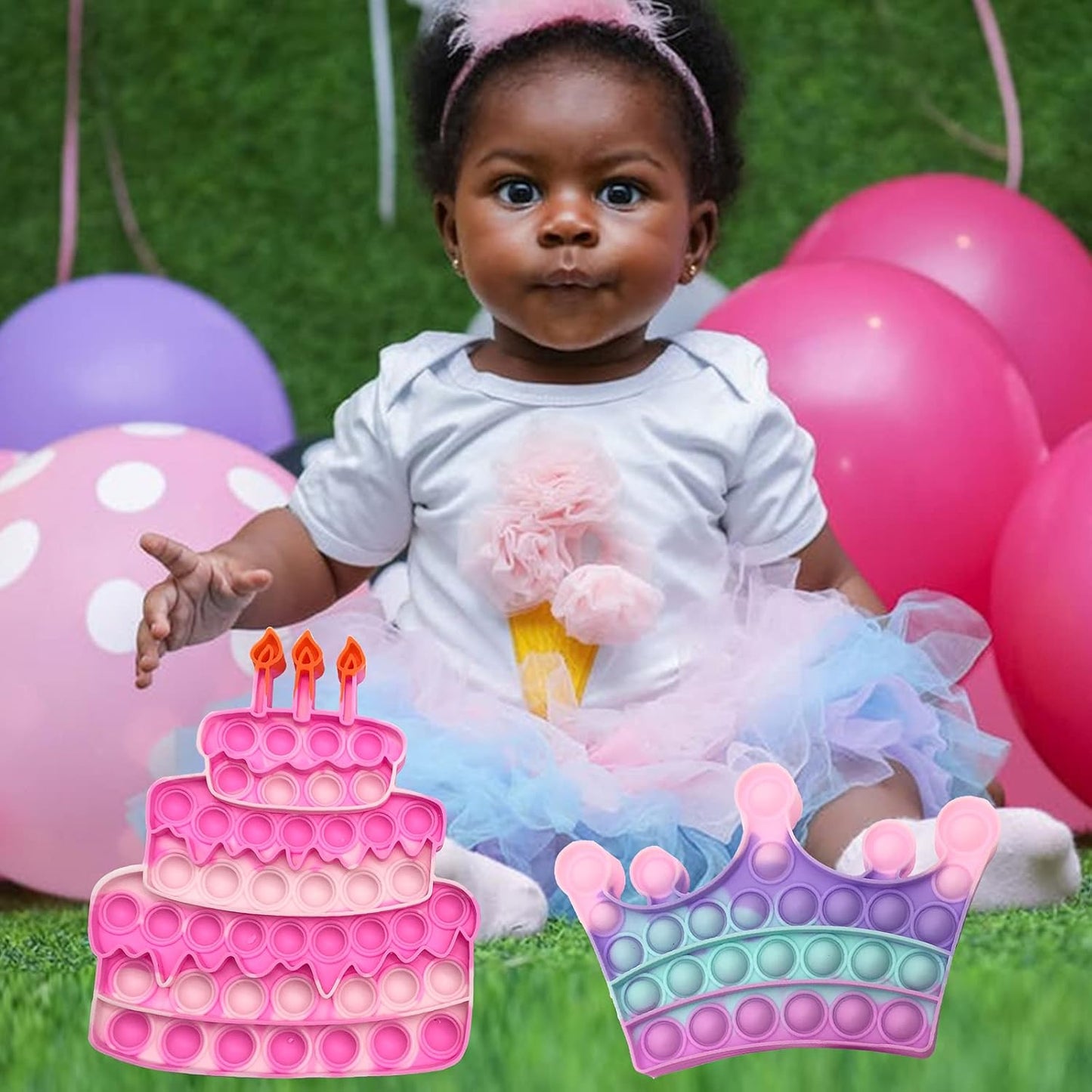 QETRABONE 4 Pcs Birthday Cake Crown Fidget Toys for Girl, Pop Fidget toys Gift Bubbles Toy, Pizza Silicone Fidget Sensory Squeeze Bubbles Toy, Stress Relief Anti-Anxiety Autism