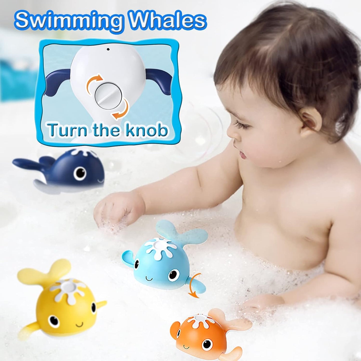 Magnet Fishing Game Bath Baby Toy for 1-3 4-8 Year Old Toddler Boys Girls,Gifts for Kid,Baby Bathtub Water Shower Pool Toys 18 Months+,4 Swimming Wind-up Whale&1 Fishing Pole&1 Net