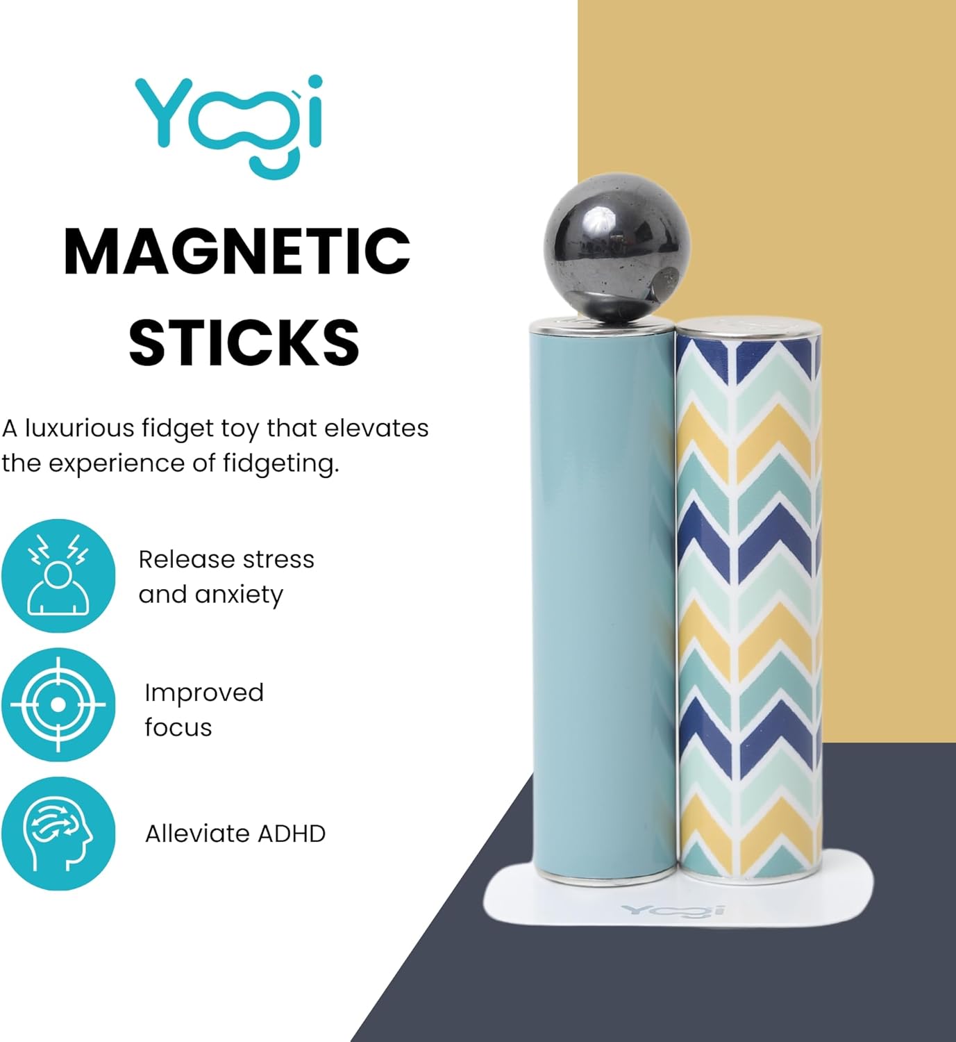 Yogi Magnetic Sticks - Premium Fidget Toys for Adults - Extremely Fun & Engaging, Uniquely Designed Magnetic Fidget Toy with Magnet Sticks and Ball, Ideal Desk Toy for Focus&Relaxation (Aqua Chevron)