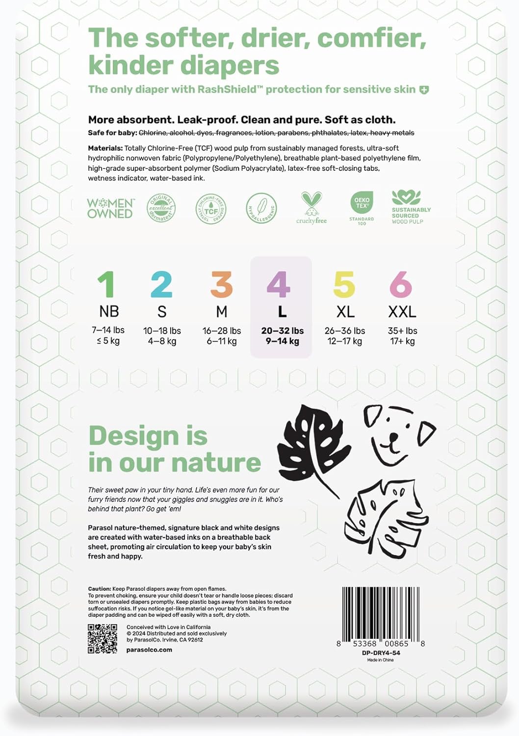 Parasol Clear+Dry Disposable Diapers, RashShield Protection and Leak-Control Fit, Hypoallergenic Diapers, Size 4 (20-32 lbs), 216 Count