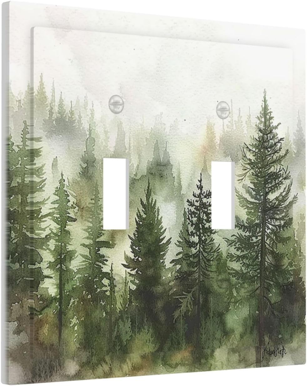 Decorative Switch Plates Green Forest Watercolor Painting Foggy Pine 2 Gang Double Toggle Outlet Light Switch Cover Wall Plate Electrical Faceplate for Bedroom living Room Decor