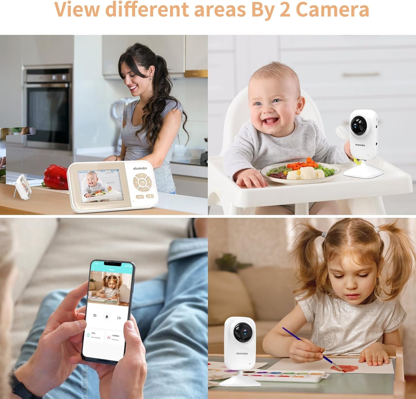 ebemate Video Baby Monitor Camera with 2 Camera,2.8" LCD Screen Video & Audio No Glow Night Vision,2-Way Talk Audio Cam Baby Monitoring 1200FT Range EBE28-2