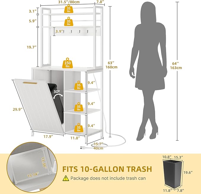 YITAHOME Bakers Rack with Storage Microwave Stand with Trash Can Bin Cabinet and Power Outlet 6-Tiers Coffee Stand Large Microwave Table for Kitchen Dining Room Living Room White
