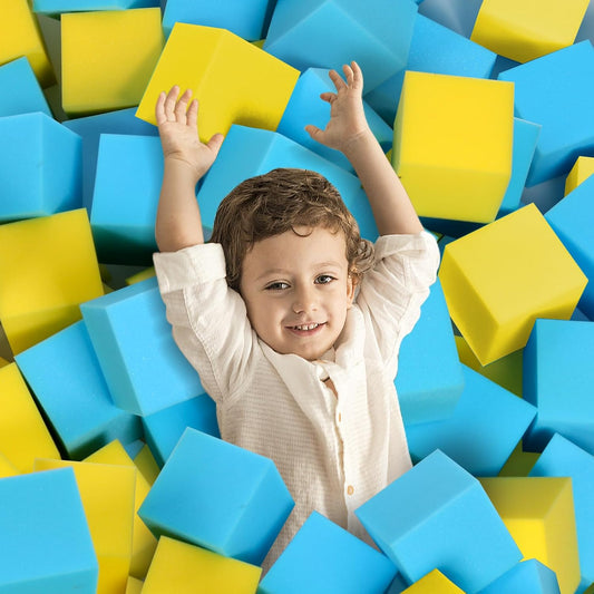Foam Pit Cubes, 24 PCS 5 Inches Gymnastics Foam Blocks Trampoline Blocks, Multi-Sport Protective Padding for Freerunning, Trampoline, Parkour, Skate Parks & BMX - Blue & Yellow