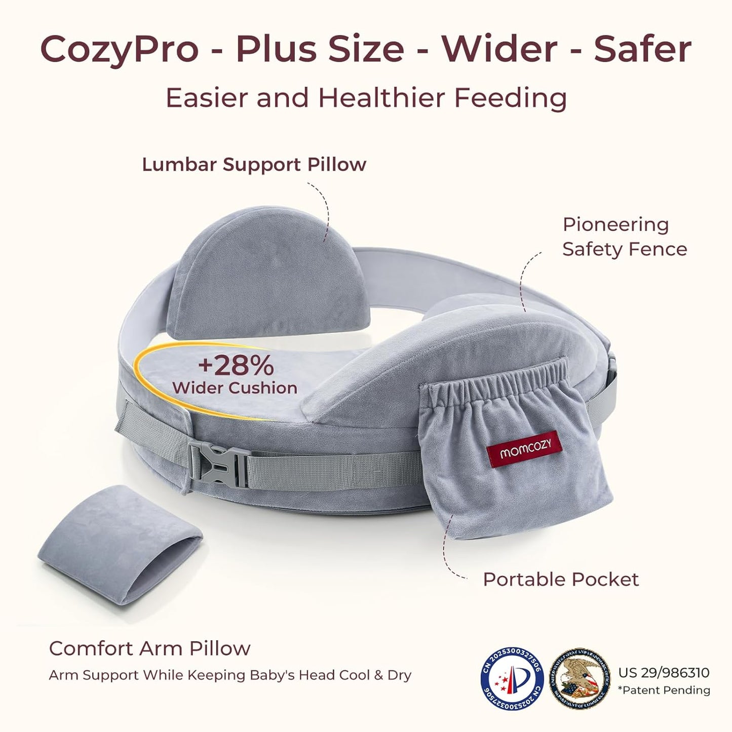 Momcozy CozyPro Nursing Pillow for Breastfeeding - All Around Ergonomic Comfort & Support - Pioneering Safety Fence - Plus Size Wider Feeding Pillow with Lumbar Support for Easier & Healthier Nursing