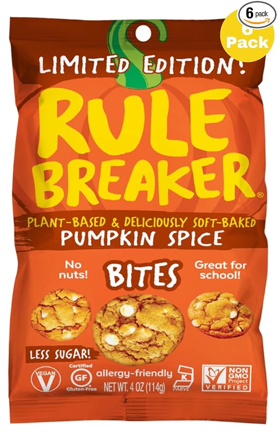 Rule Breaker Vegan & Gluten-Free Cookies | Pumpkin Spice Bites | Plant-Based, Dairy, Nut, Soy, Allergen Free, Kosher | Soft-Baked School Snacks for Kids and Adults | Better-For-You Bites (Pack of 6)