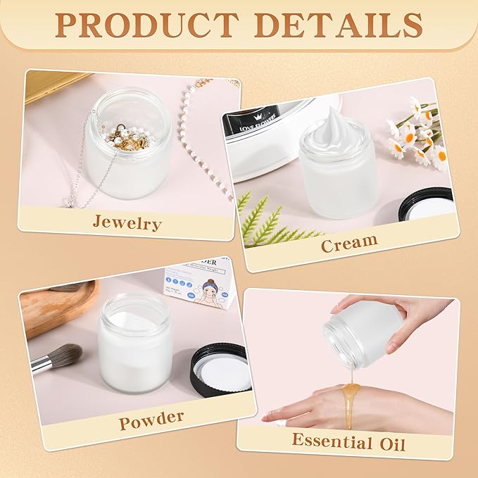 Glass Jars with Lids,Eco-Friendly Cosmetic Containers with Airtight Black Lids & Liners, Multi-Color Options for Cream, Lotion, Body Butter, DIY Skincare Travel Jars (Clear Frosted, 4oz)