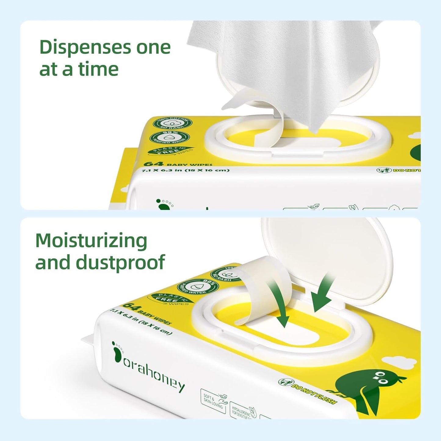 100% USA Cotton Baby Wipes, 99% Purified Water Unscented Wet Wipes for Sensitive Skin, Hypoallergenic & Plastic-Free, 256 Count (4 Flip-Top Packs of 64)