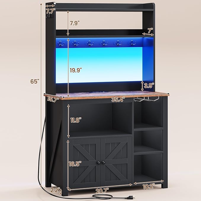 Itaar 35.4 inch Coffee Bar Cabinet, Bakers Rack with Power Outlet and Storage, Farmhouse Microwave Stand Kitchen Cabinet with Hutch, LED Lights, Wine Glass Holder and 8 Hooks, Black