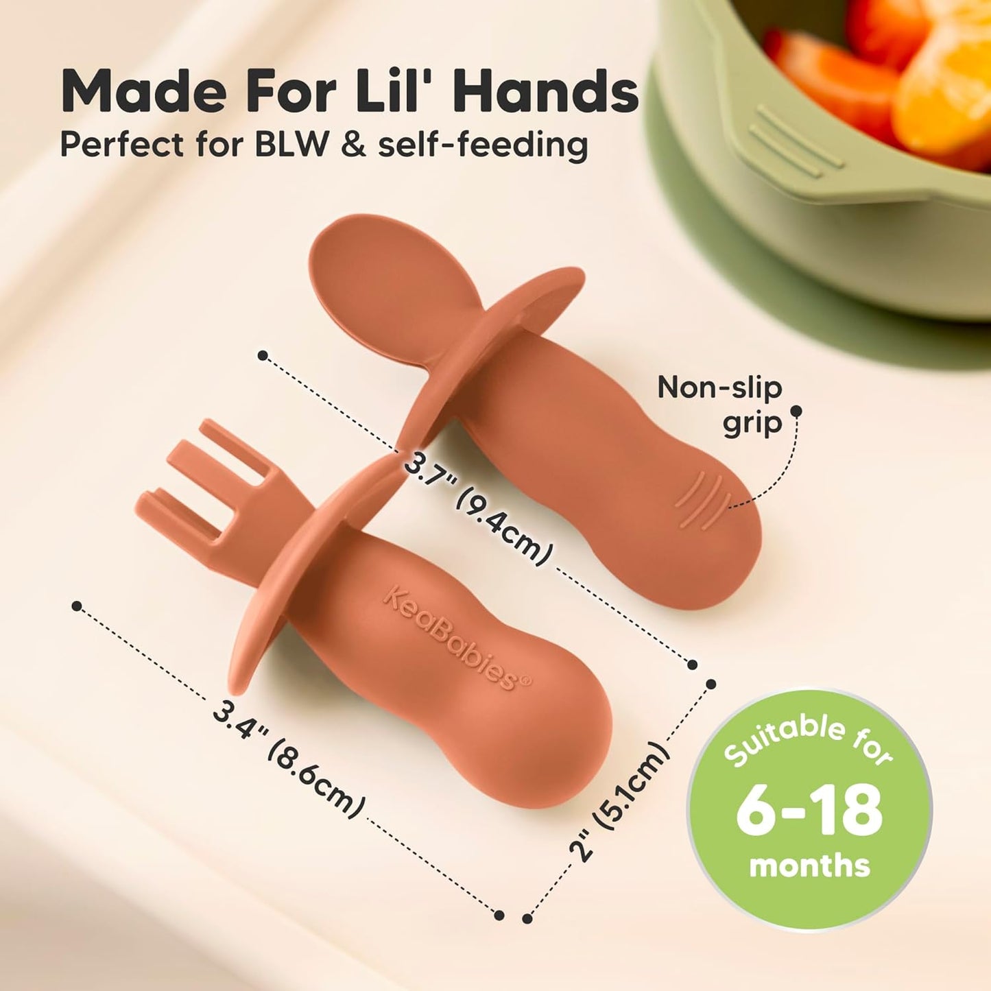 KeaBabies 4-Pack Silicone Baby Spoons and Forks Set - Baby Led Weaning Utensils 6-12 Months, Self Feeding Toddler Spoon & Fork for Training, Teething, Easy to Hold, BPA-Free Silicone (Terracotta)