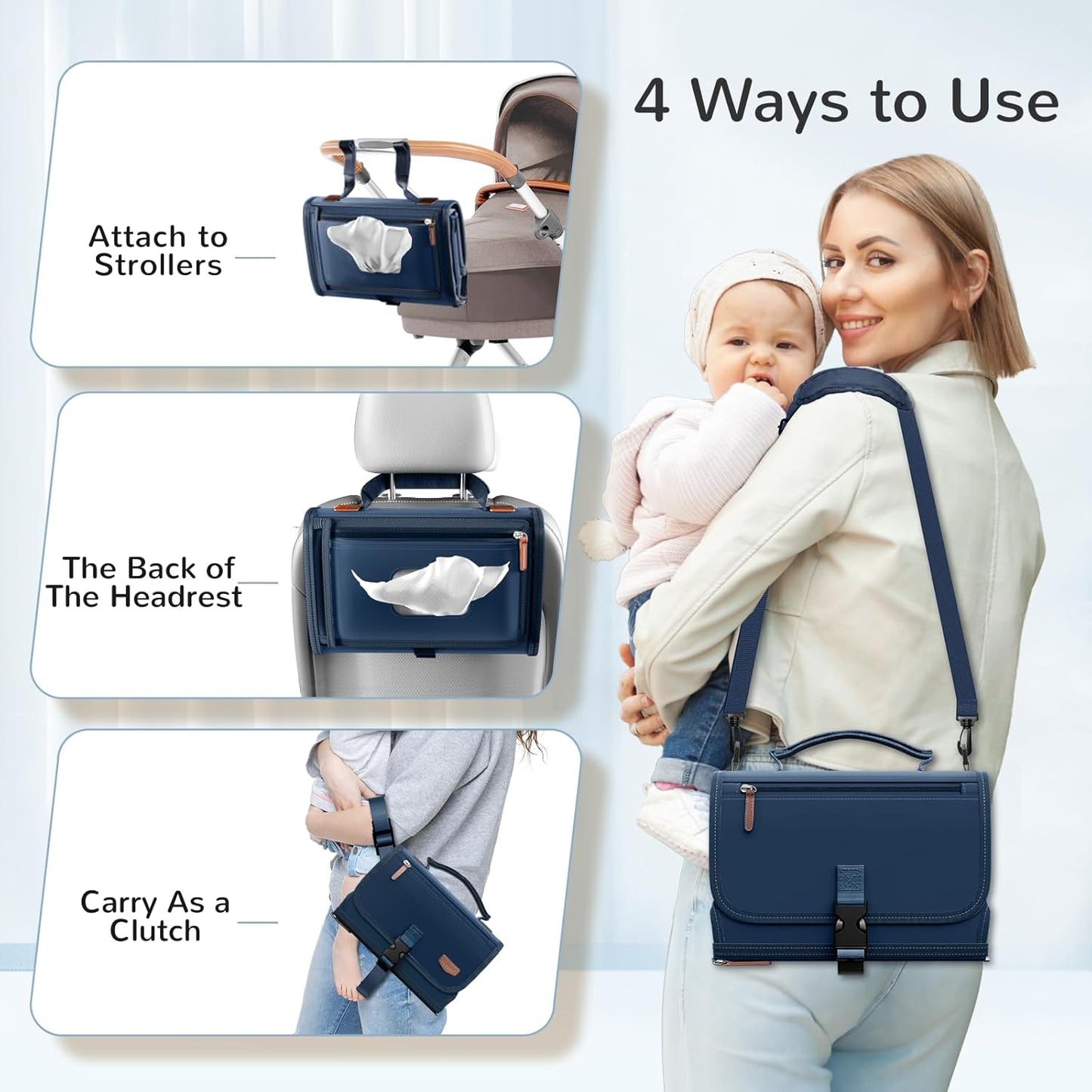 Portable Diaper Changing Pad with Shoulder Strap, Detachable Travel Changing Pad with Baby Wipes Pocket, Gifts for Baby Shower, Newborn Girls and Boys (Royal Blue)