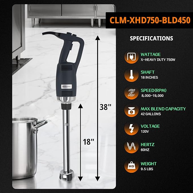 Commercial Immersion Blender, X-Heavy Huty 750W Handheld Blender, 18 Inch Detachable Shaft, 8,000-19,000 RPM Variable Speed, 42 Gallons Multifunction Pro Electric Stick Emulsifier.