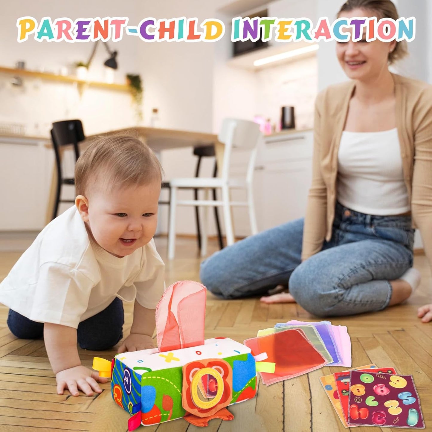 Baby Tissue Box - Montessori Toys for 6-12 Months, 1 Year Old - Soft Stuffed & High Contrast Crinkle Infant Sensory Toy, Early Learning Gift for Girls & Boys Toddlers