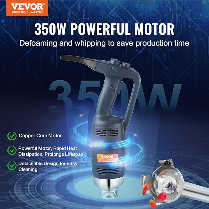 VEVOR Commercial Immersion Blender, 350W Heavy Duty Hand Mixer, 12 inch Stepless Variable Speed Mixer with Stainless Steel Blade, Multi-Purpose Portable Mixer for Soup, Sauces, Mashed Potatoes, Cream