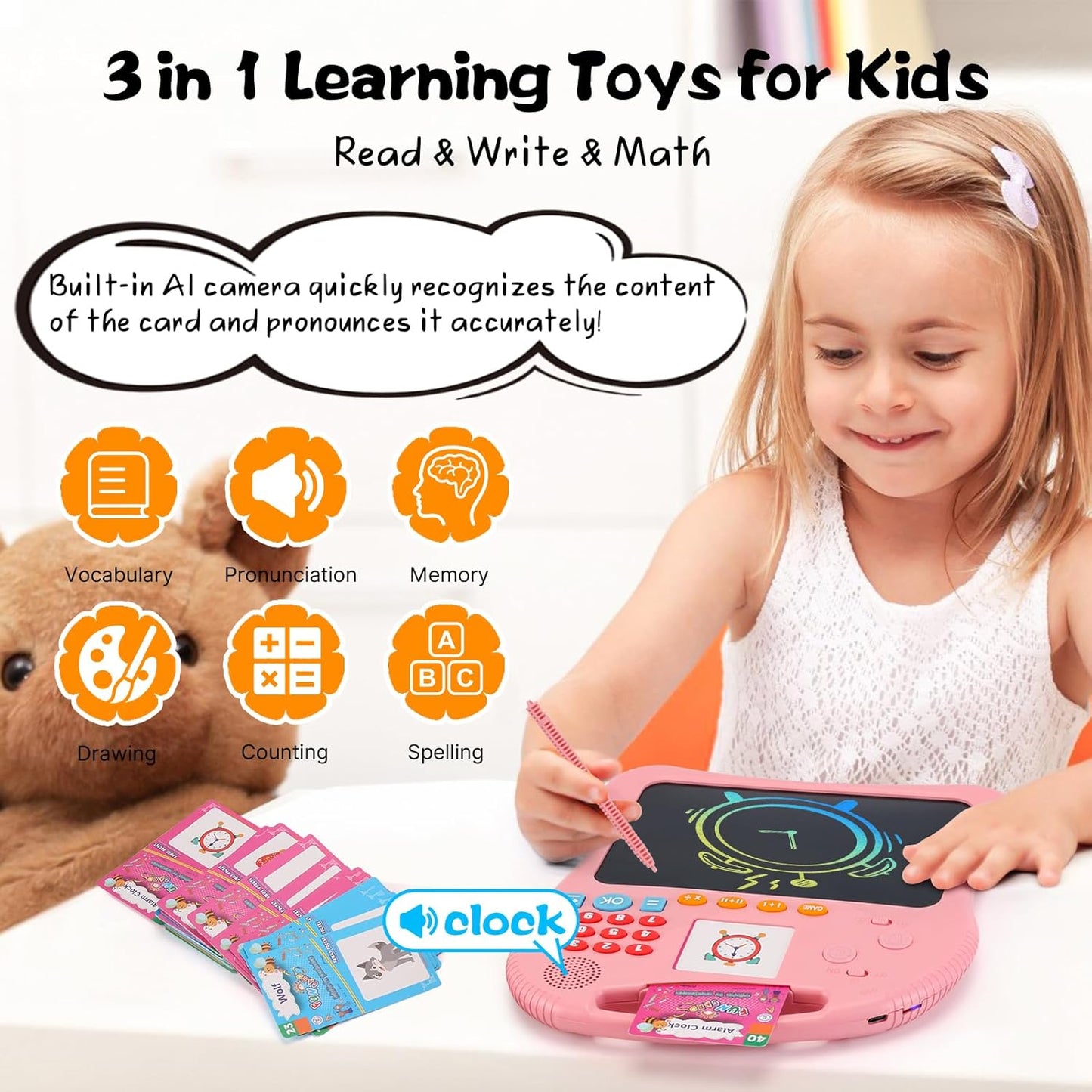 Kids Educational Learning Toys with Math Games,Talking Flash Cards and Writing Drawing Tablet, Speech Therapy Autism Sensory Toys Gifts for Toddler Preschool Activities Boys Girls Ages 3-10 (Pink)