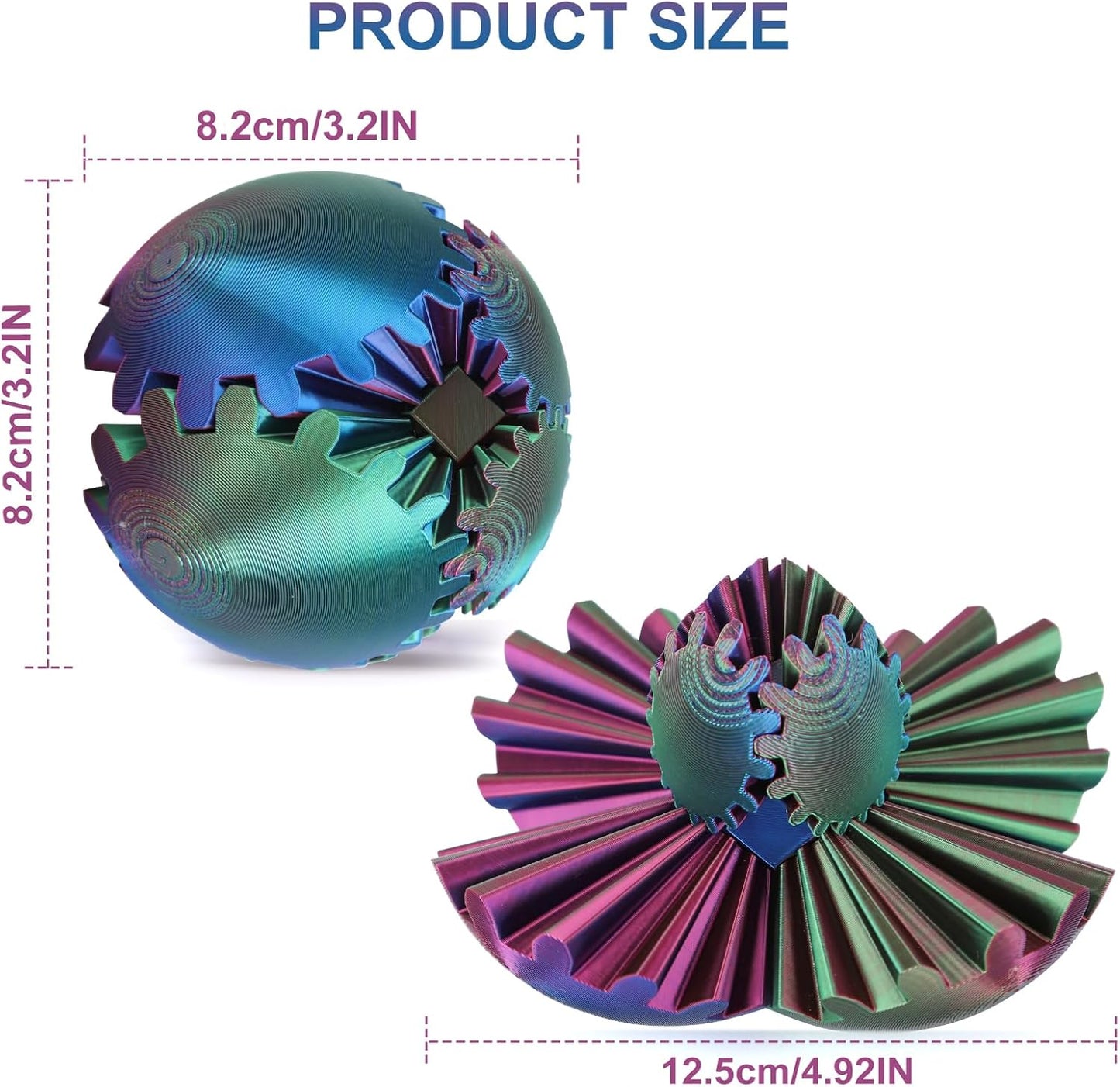 Gear Ball, Gear Sphere, 3D Printed Gear Ball Spin Ball Cube Fidget Toys GearSphere Ball, Stress Ball, Gear Sphere Desk Toy, Fidget Ball, Gear Toy for Stress and Anxiety Relaxing (Laser Color A)