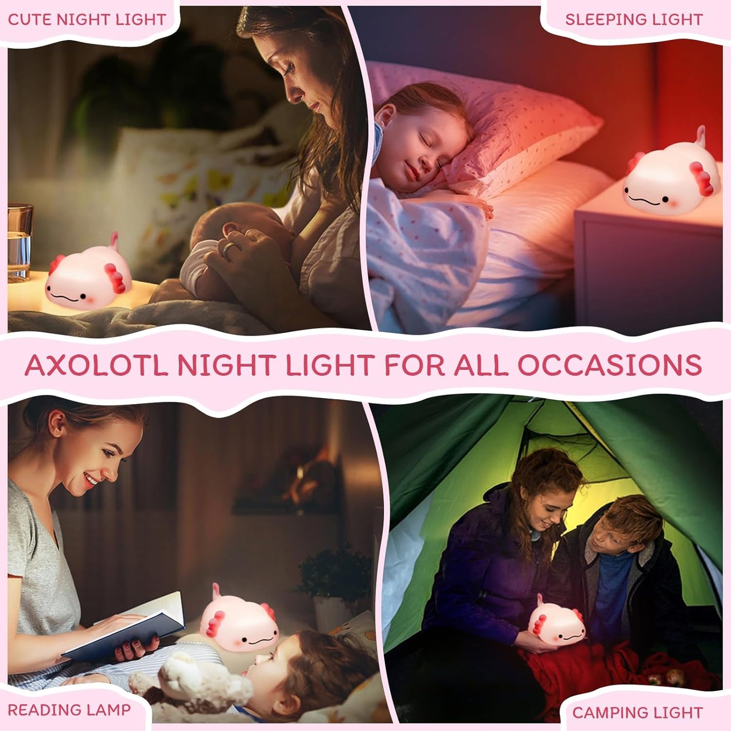 Axolotl Night Light for Kids - 3-Level Dimmable Silicone Lamp, USB-C Rechargeable Nursery Light with Auto-Off Timer for Bedroom & Breastfeeding (Squishy Animal)