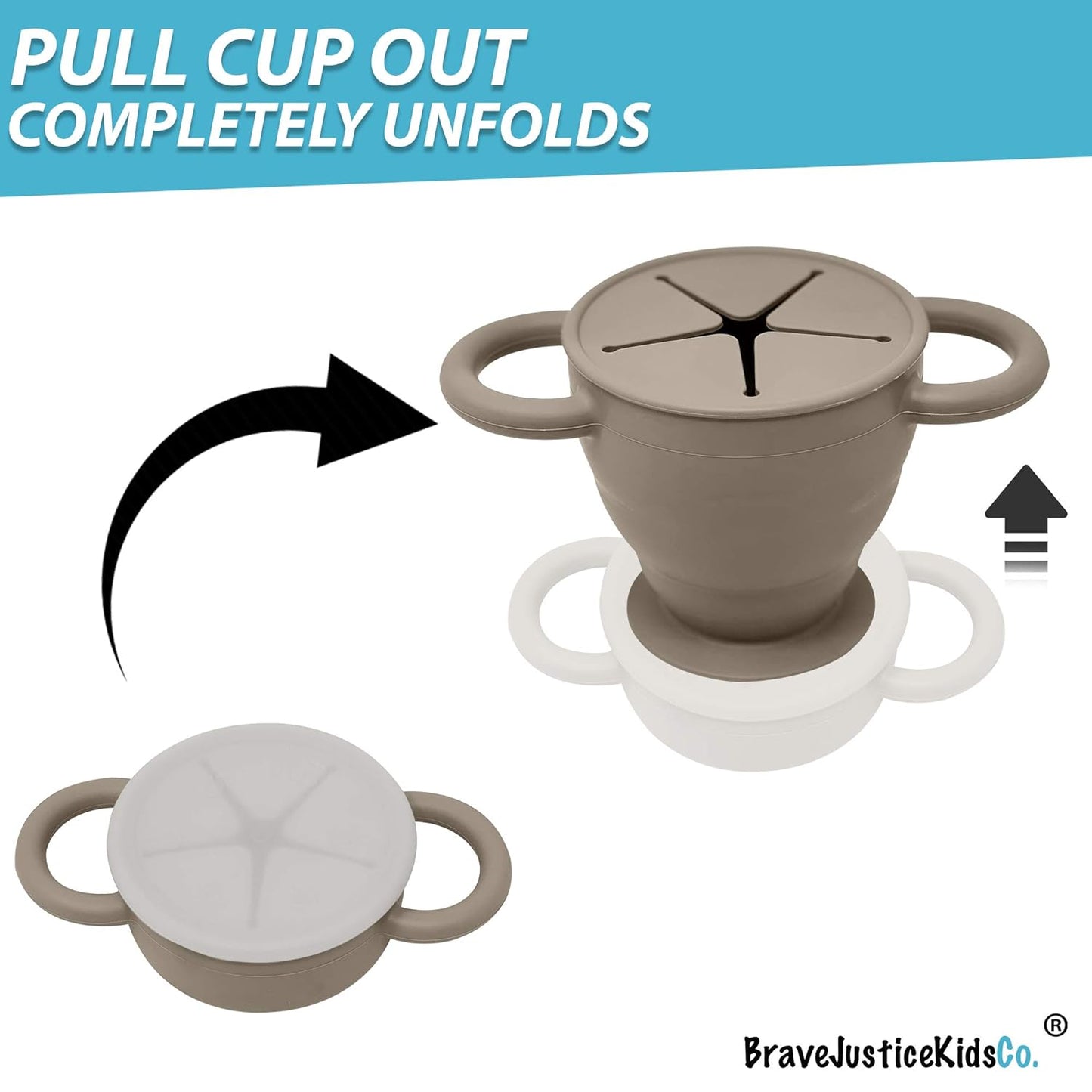 BraveJusticeKidsCo | Snack Attack II Snack Cup | Collapsible Silicone Snack Container | Toddler and Baby Snack Catcher Lid (Fog)