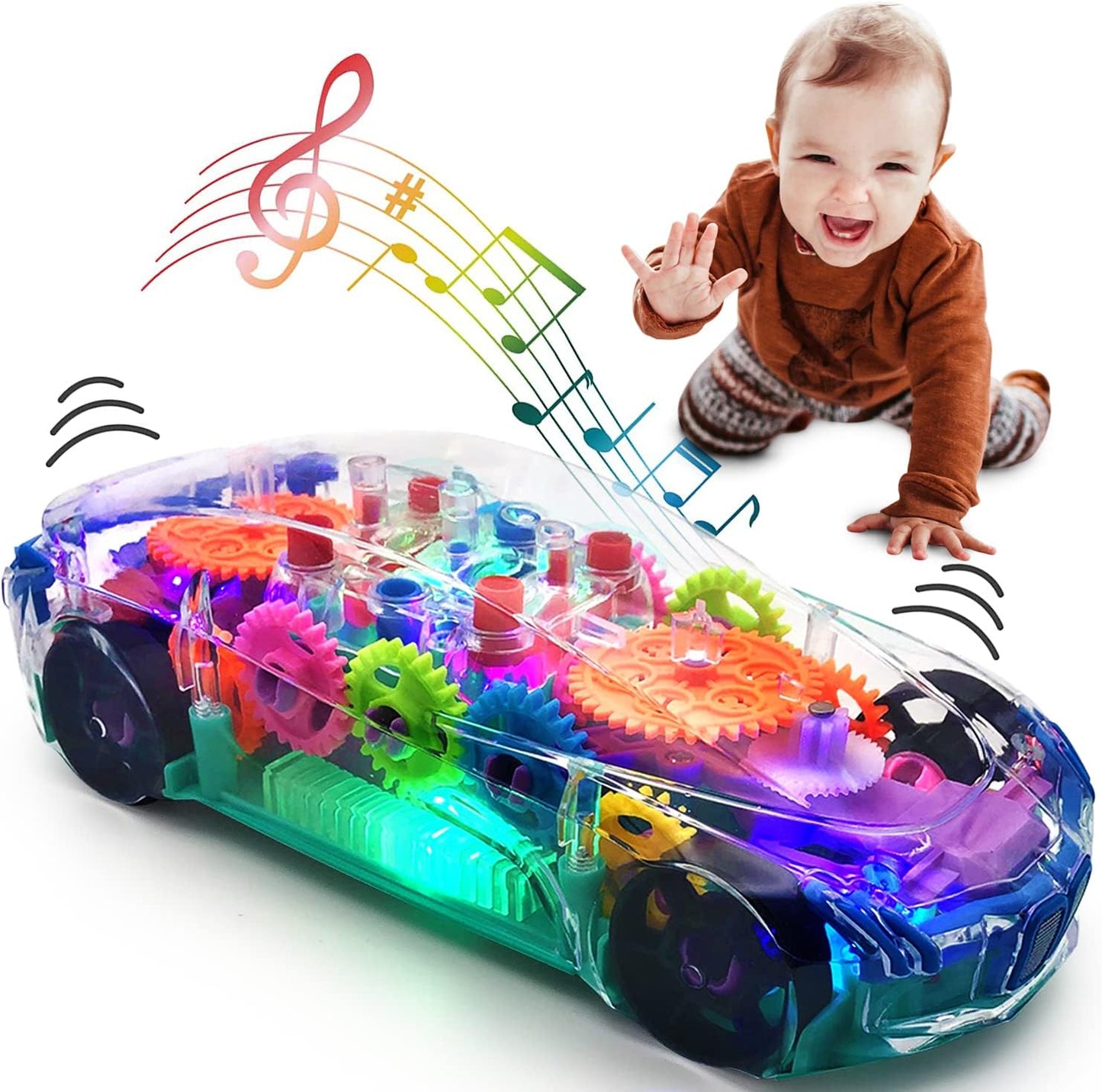 Light Up Transparent Sensory Car - Fun and Interactive Toy for Kids- Music Car with LED Light Up - Colorful Moving Gears -Tummy Time Crawling Baby Toy -Birthday Gift Idea for Boys & Girls
