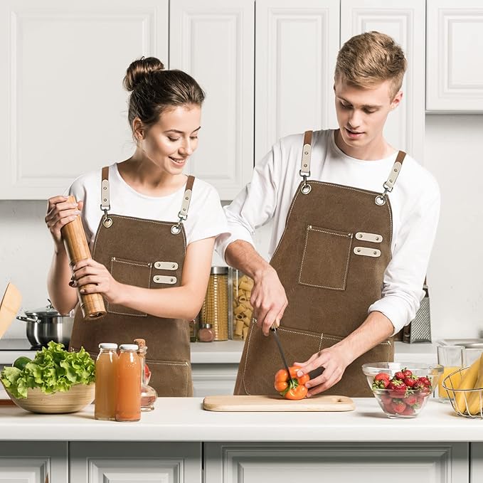 Cotton Canvas Cross Back Apron for Art Painting Garden Chef Bartender Work,Women Men 3 Pockets Waterproof Adjustable M-XXL