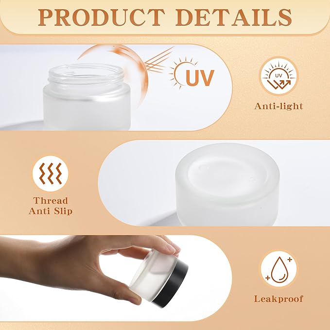 Glass Jars with Lids,Eco-Friendly Cosmetic Containers with Airtight Black Lids & Liners, Multi-Color Options for Cream, Lotion, Body Butter, DIY Skincare Travel Jars (Clear Frosted, 1oz)