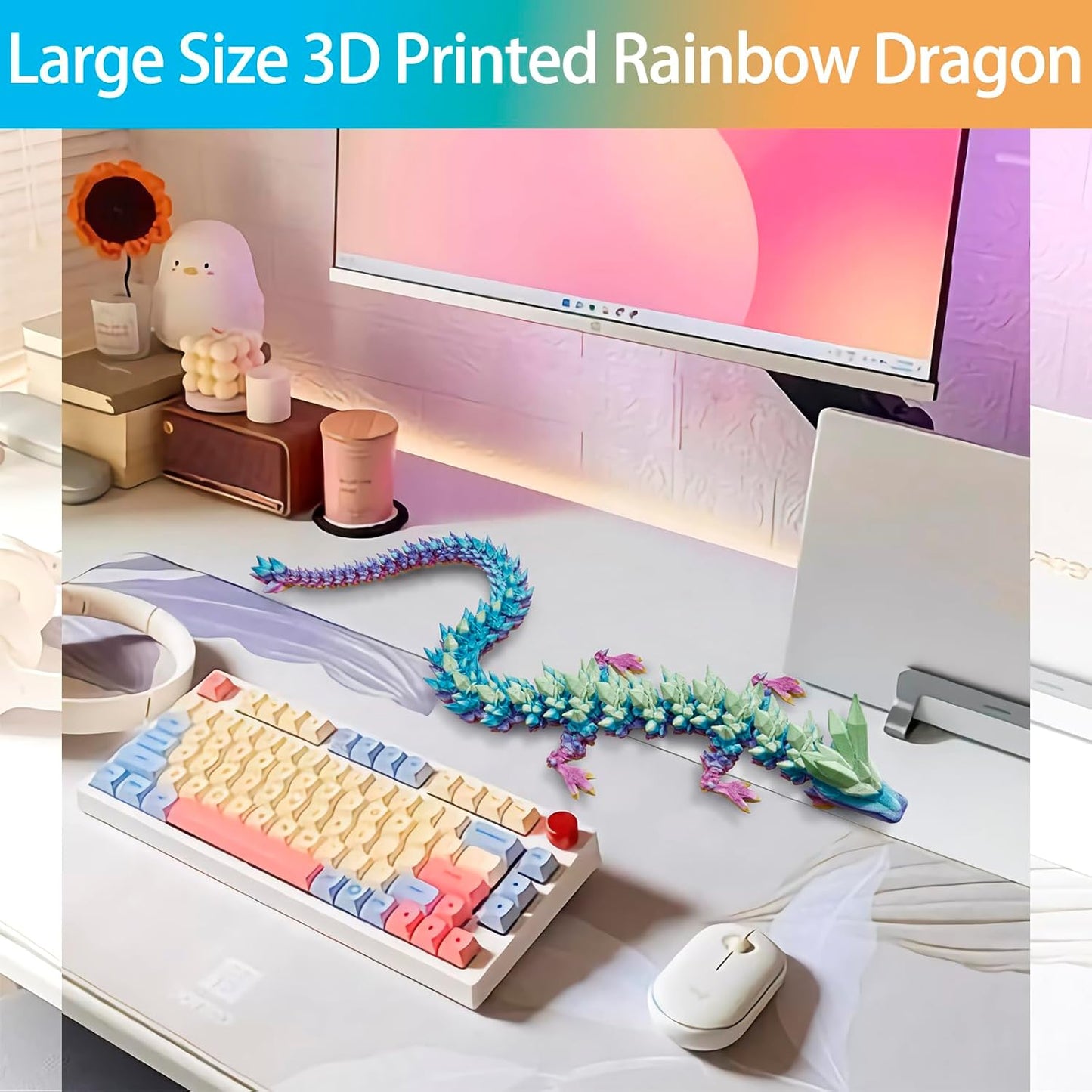 3D Printed Dragon, 3D Dragon ,30 Inch 3D Printed Fidget Dragon, Bigger Fidget Crystal Dragon Toys , 3D Printed Articulated Dragon for Home Office Car Desk Decor Toys (Red Yellow Blue) (Rainbow)
