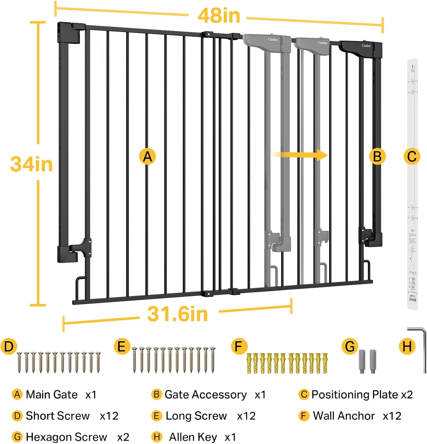 Cumbor 34" Extra Tall No Bottom Bar Baby Gate for Stairs, Auto Close Dog Gate Indoor for Larger Pets, 31.6-48" Hardware Mounted Safety Gate for Doorways, Wide Walk Thru Door for Easy Access (Black)
