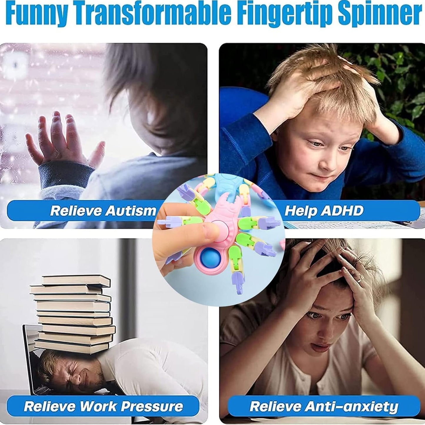 Sensory Fidgets Toys for Kids and Adults,4 Pack Transformable Fidget Spinners for Boys Girls, Chain Pop Spider Fingertip Toy for ADHD Autism for Kids Gifts, Random Color