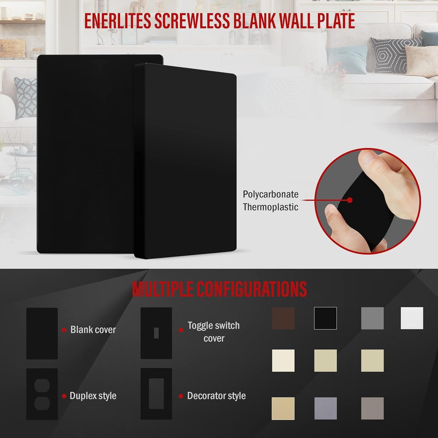 ENERLITES Screwless Blank Wall Plate, Child Safe Blank Device Outlet Cover, Standard Size, 1-Gang 4.68" x 2.93", Polycarbonate Thermoplastic, UL Listed, SI8801-BK, Glossy, Black