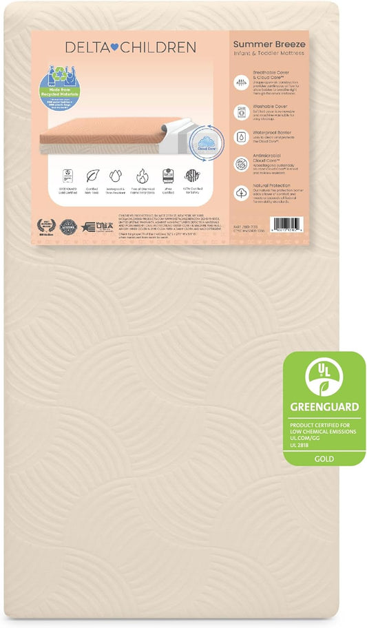 Delta Children Summer Breeze Mattress - Breathable Baby Crib & Toddler Mattress with Cloud Core - Machine Washable Cover - GREENGUARD Gold – Waterproof - Sustainably Sourced Core, Apricot/White