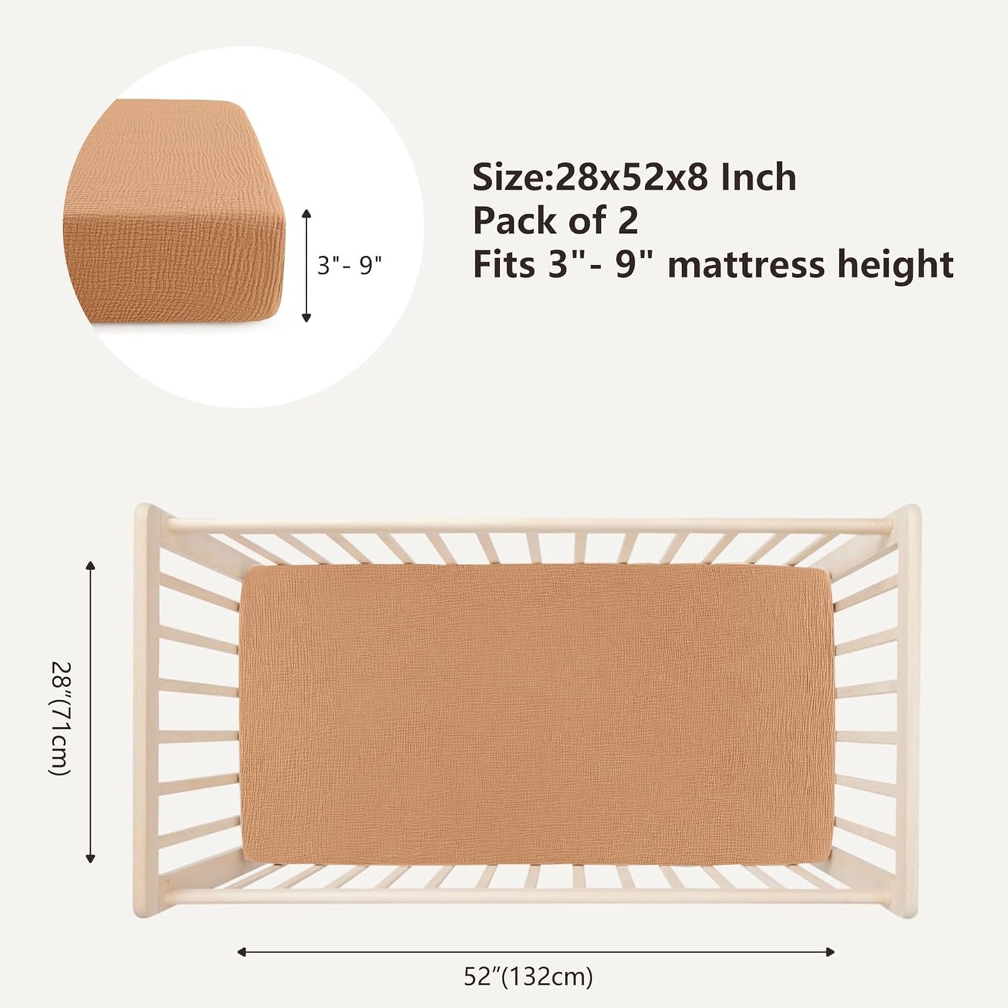 Bearmoss Muslin Crib Sheets 100% Cotton Baby Bed Sheets Soft&Breathable Nursery Sheet 52"x28" for Standard Crib Mattress&Toddler Bed Mattress - 2 Pack (Brown Moon)