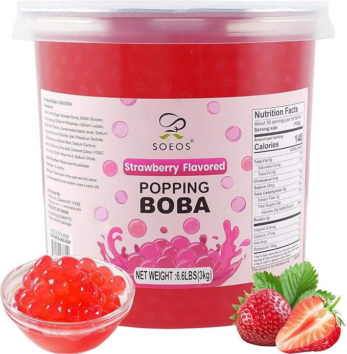 Soeos Strawberry Popping Boba Pearls 6.6 Pounds, Bursting Boba Pearls for Bubble Tea, Beverages, Shakes, Desserts, Smoothie and Ice Cream Topping