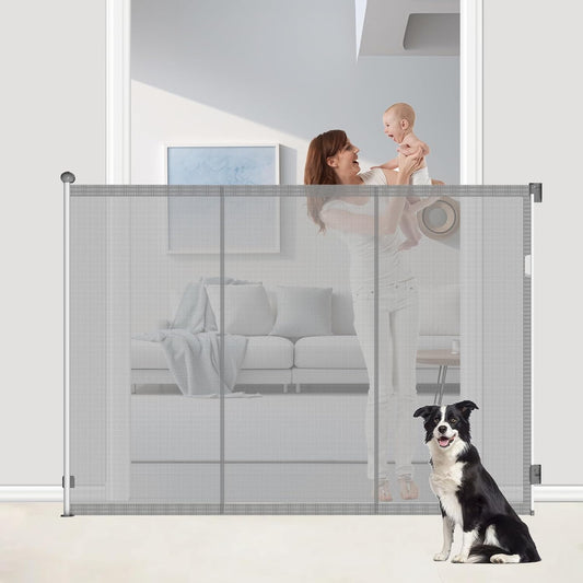 Extra Tall 57'' Reinforced Retractable Mesh Baby Gates with Reinforced Strips,Dog Gate Extends to 55" Wide,Prevents Bottom Drilling Through Baby and Pet,Retractable Pet Gate for Outdoor/Indoor