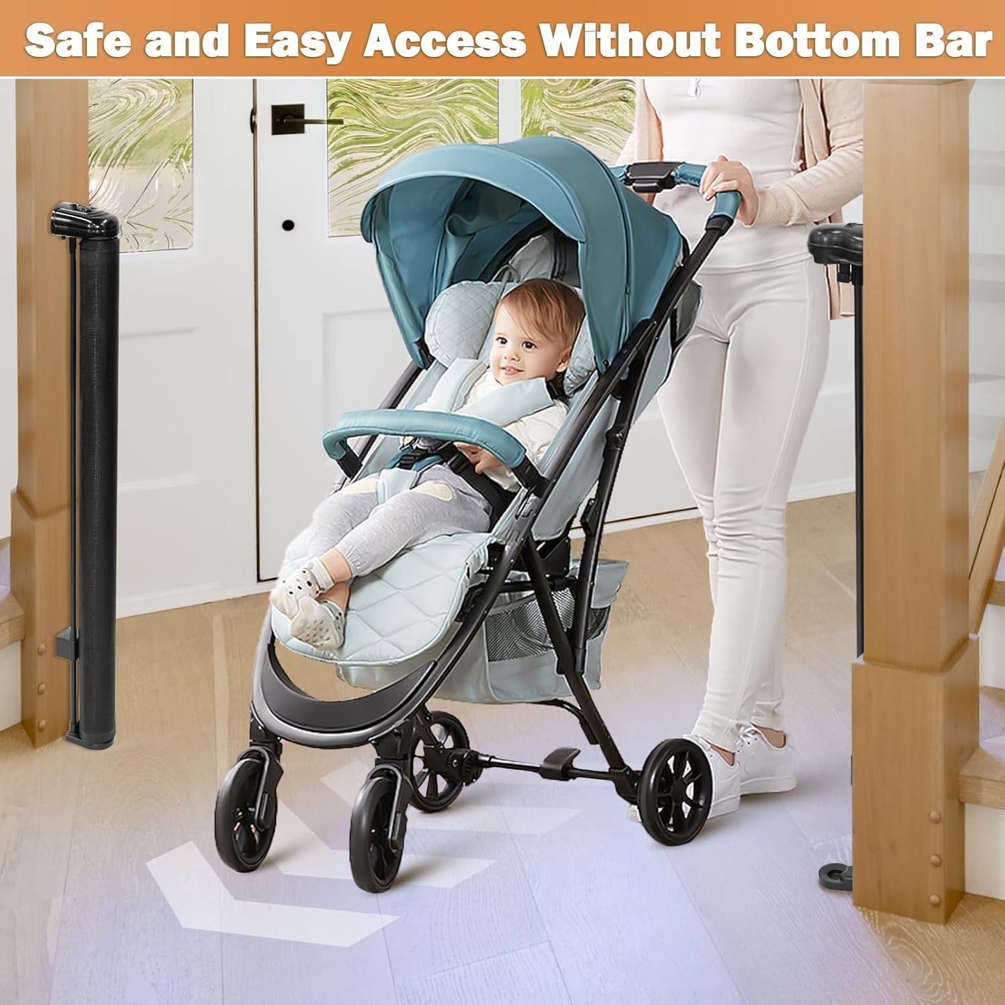 120" Extra Wide Retractable Baby Gates Mesh Gate, Long Retractable Dog Gate for Large Opening, 42" Extra Tall Child Safety Gate Pet Gate with Support Rods for Stairs Hallways Doorways Indoor Outdoor