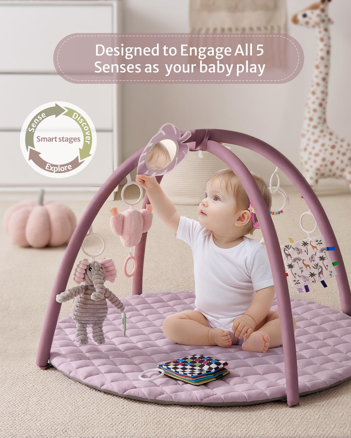 Blissful Diary Baby Play Gym Mat, Tummy Time Activity Mat with 6 Detachable Toys for Stage-Based Sensory & Motor Skill Development, Easy to Install & Clean, Baby Essentials Gift, Lavender Pink