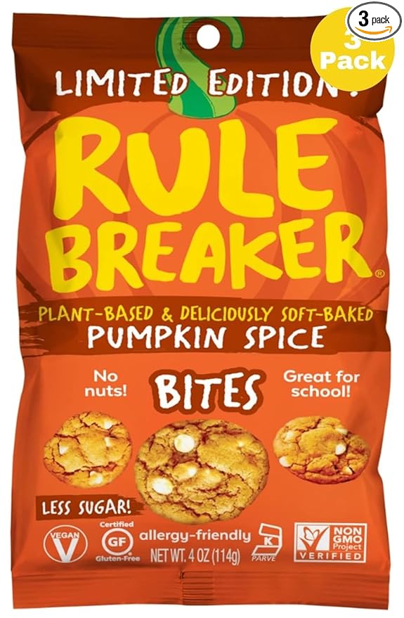 Rule Breaker Vegan & Gluten-Free Cookies | Pumpkin Spice Bites | Plant-Based, Dairy, Nut, Soy, Allergen Free, Kosher | Soft-Baked School Snacks for Kids and Adults | Better-For-You Bites (Pack of 3)