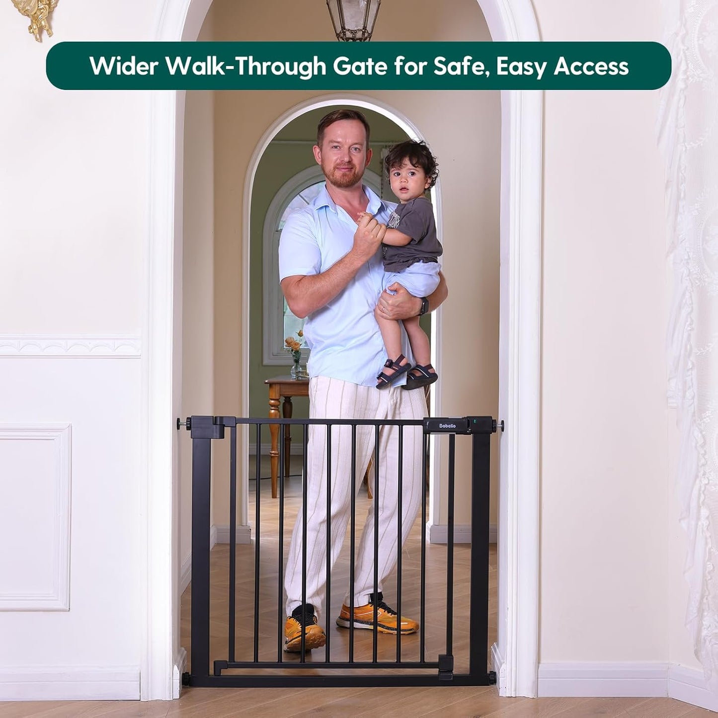 BABELIO Baby Gate for Doorways and Stairs, 41-46" Pet Gate with Wide Walk Thru Door and Lock Indicator, No Drill Pressure Mounted Safety Gate with Double Lock and Self-Closing, Black