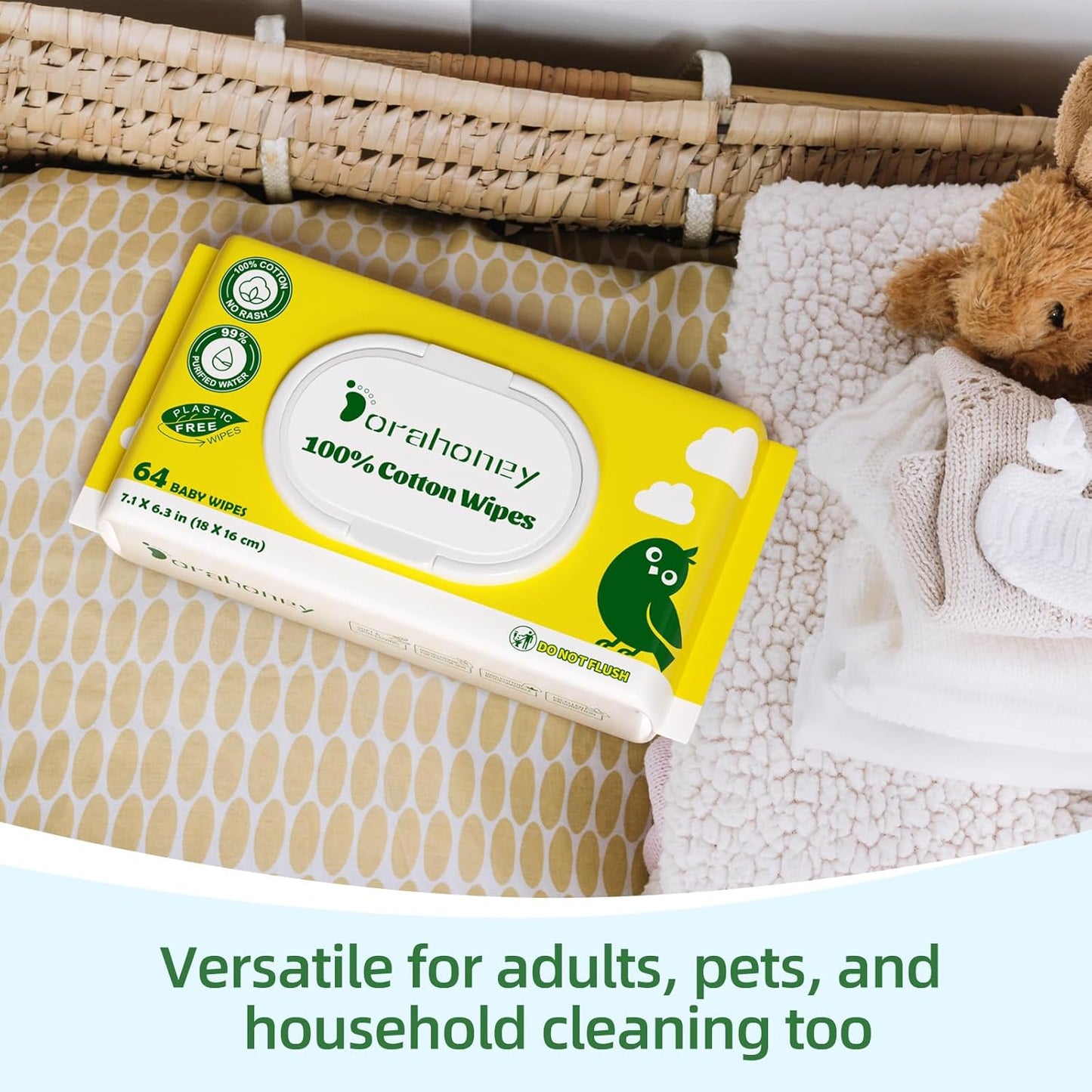 100% USA Cotton Baby Wipes for Sensitive Skin, 99% Purified Water Unscented Wet Wipes, Hypoallergenic & Plastic-Free, 512 Count (8 Flip-Top Packs of 64)