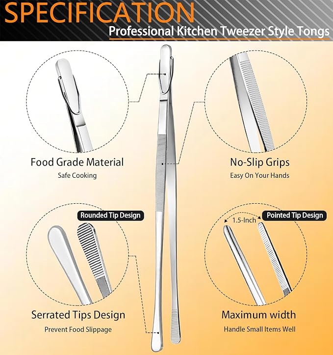 JETKONG 3 Pcs Kitchen Tweezers Tongs, Stainless Steel Cooking Tweezers, 8+10+12 Inch Ideal for meat, pasta, plating and pinching delicate small pieces of food (Silver)
