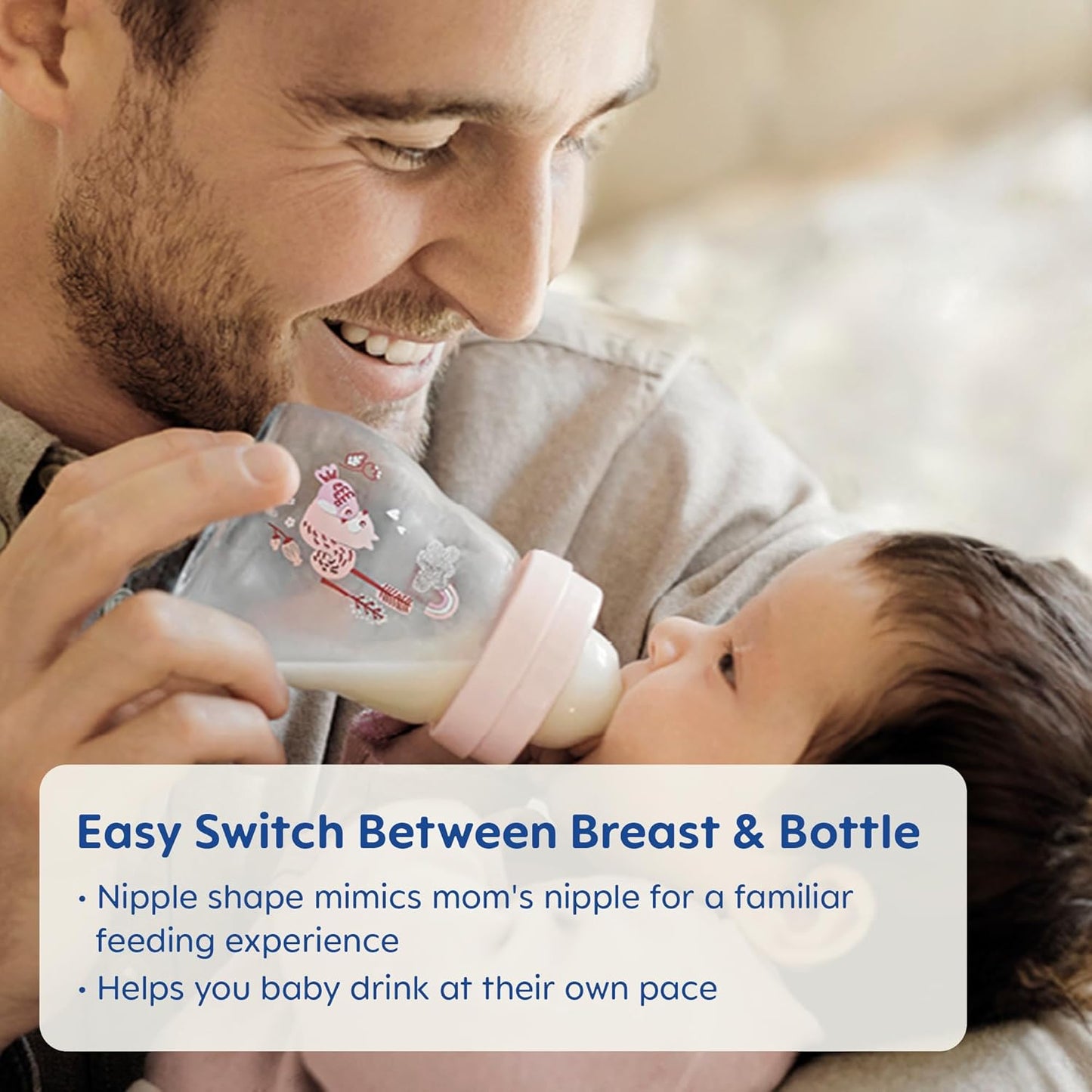 MAM Feel Good Glass Baby Bottle and Pacifier Bundle, Unisex, Slow Flow and Medium Flow, Premium 5oz and 9oz Glass, Easy Switch Between Breast to Bottle, MAM Perfect Night Pacifier 0+ Months, Glows in