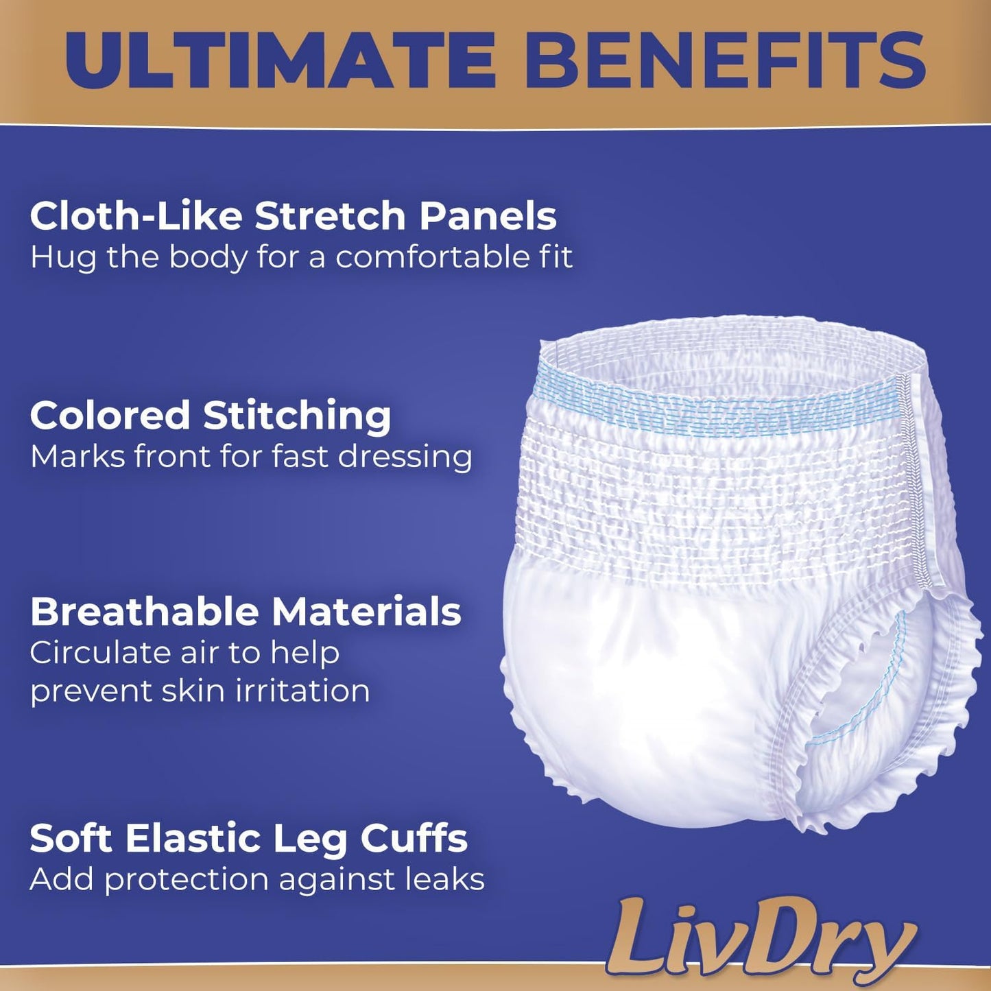 LivDry Ultimate Adult Incontinence Underwear, Max Absorbent Adult Diapers with Leak Protection, Medium, 68-Pack