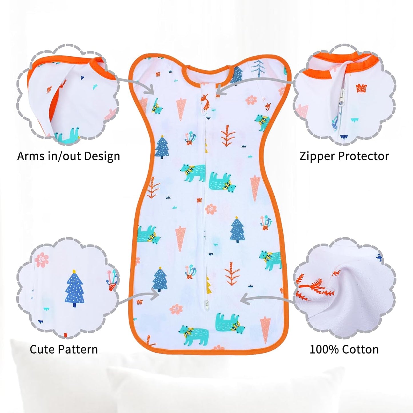 Transition Swaddle 3-6 Months Sleep Sack Baby Arms up Swaddles 2-Way Zipper 100% Cotton Arms in/out 0.8 Tog Baby Swaddles Newborn Sleep Sack for Boy Girl, 2-Pack Transitional Swaddle (Medium 14-20lbs)