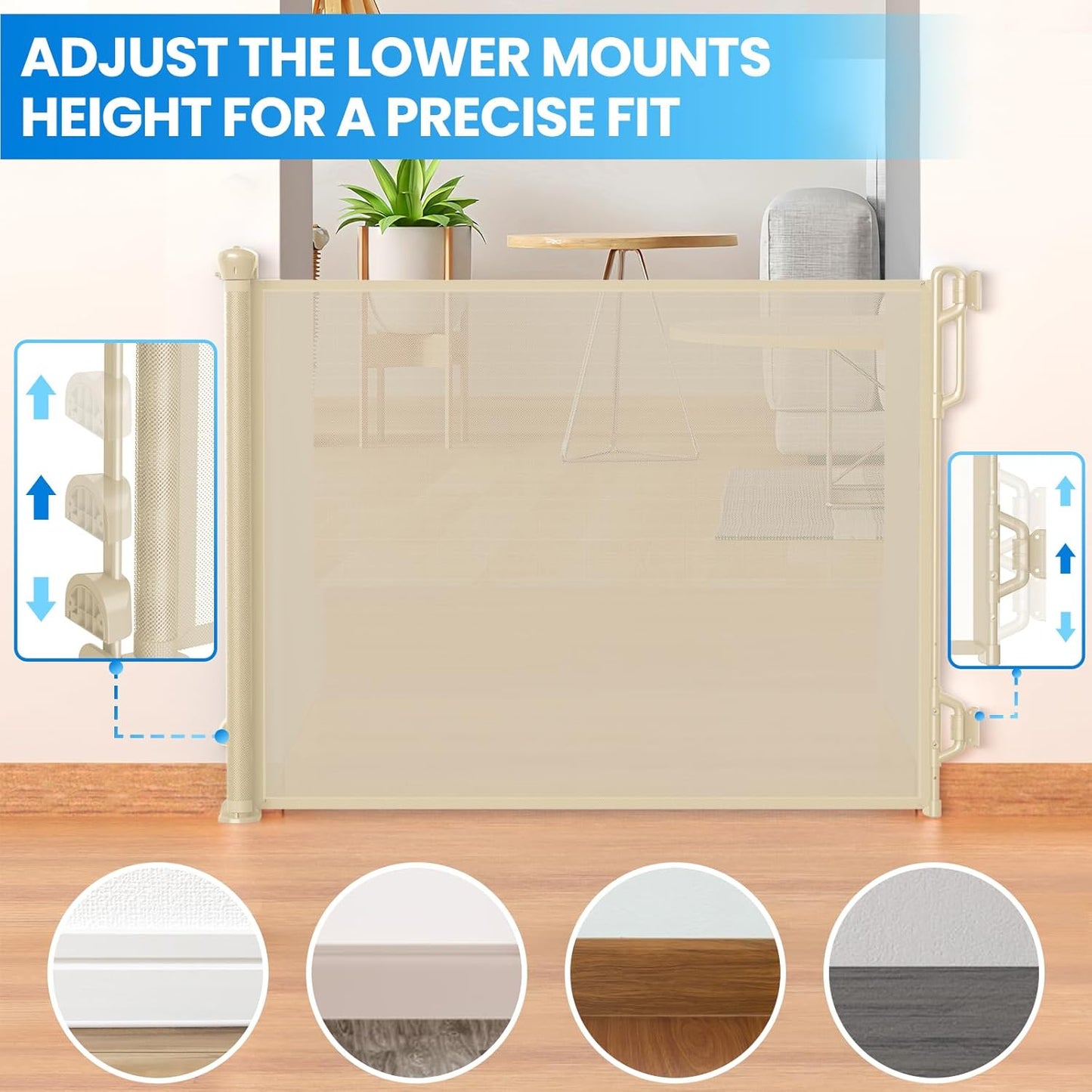 Retractable Safety Baby Gate or Mesh Dog Gate,Durable Portable Mesh Retractable Gate,Easy to Use for Stairs, Doorways, Hallways, Indoor, Outdoor, 33.5" Tall, Up to 65" Wide, Cream