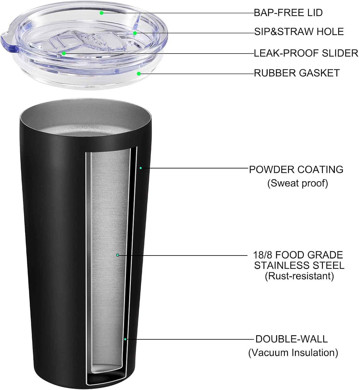VEGOND 20oz Tumbler Bulk with Lid and Straw 12 Pack, Stainless Steel Vacuum Insulated Tumbler, Double Wall Coffee Cup Travel Mug, Black