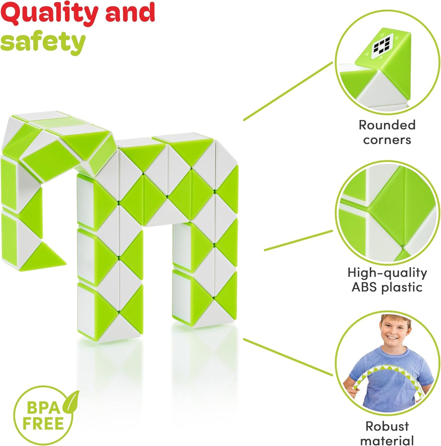 CUBIDI® Magic Snake Cube | Fidget Snake Toy for Kids | Travel Toys for Kids Ages 4-8 | Great Gift for Boys and Girls Birthday, Christmas, Stocking Stuffers - 48 Blocks | 0.9 inch x 0.7 inch | Green