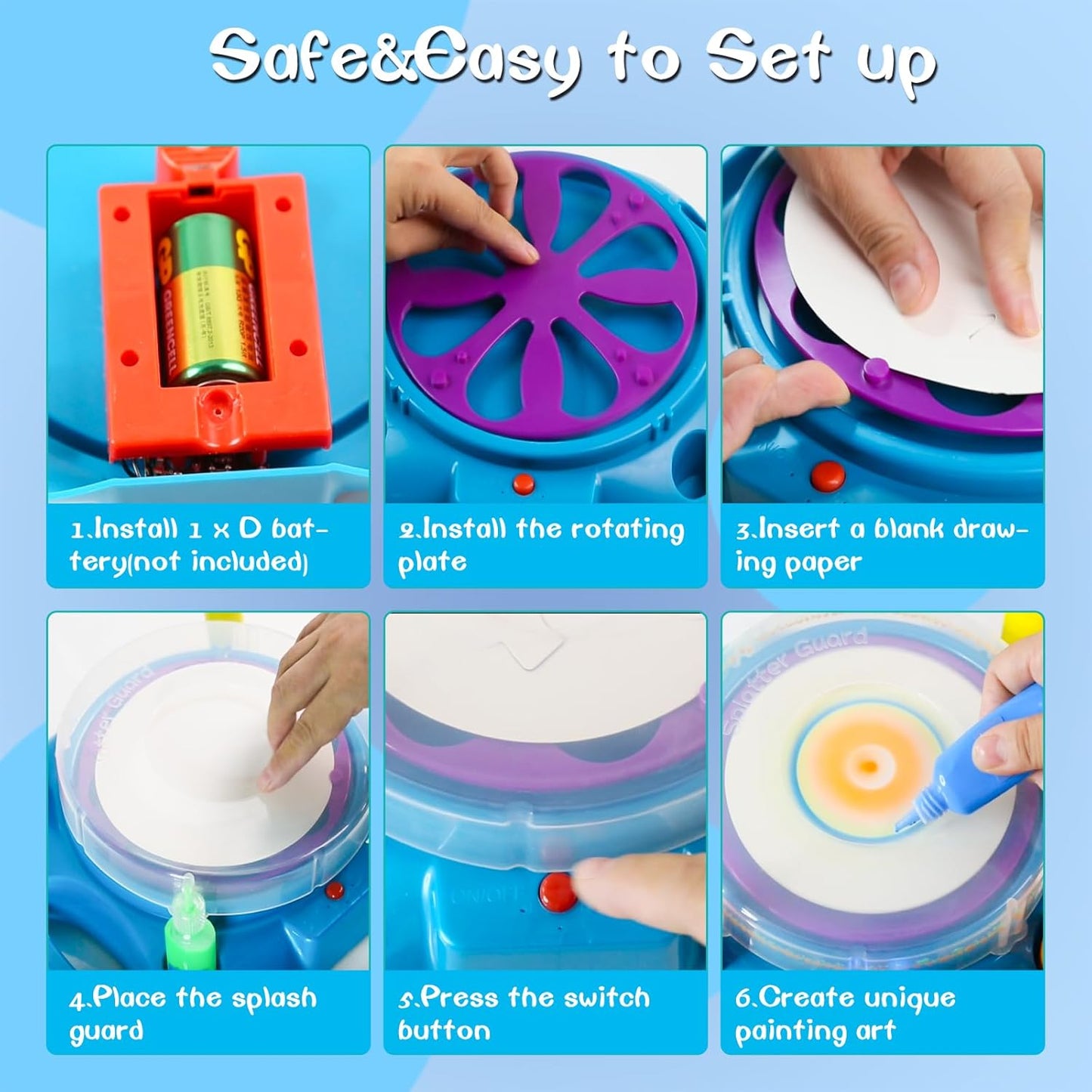 Spin Art Machine Variable Speed, Battery Operated Spinner - Paint Spinner with Splatter Guard, Washable Paint, Spin Art Kit, Art Design Card, Stem Toys, Kid Arts and Crafts, Girls Boys
